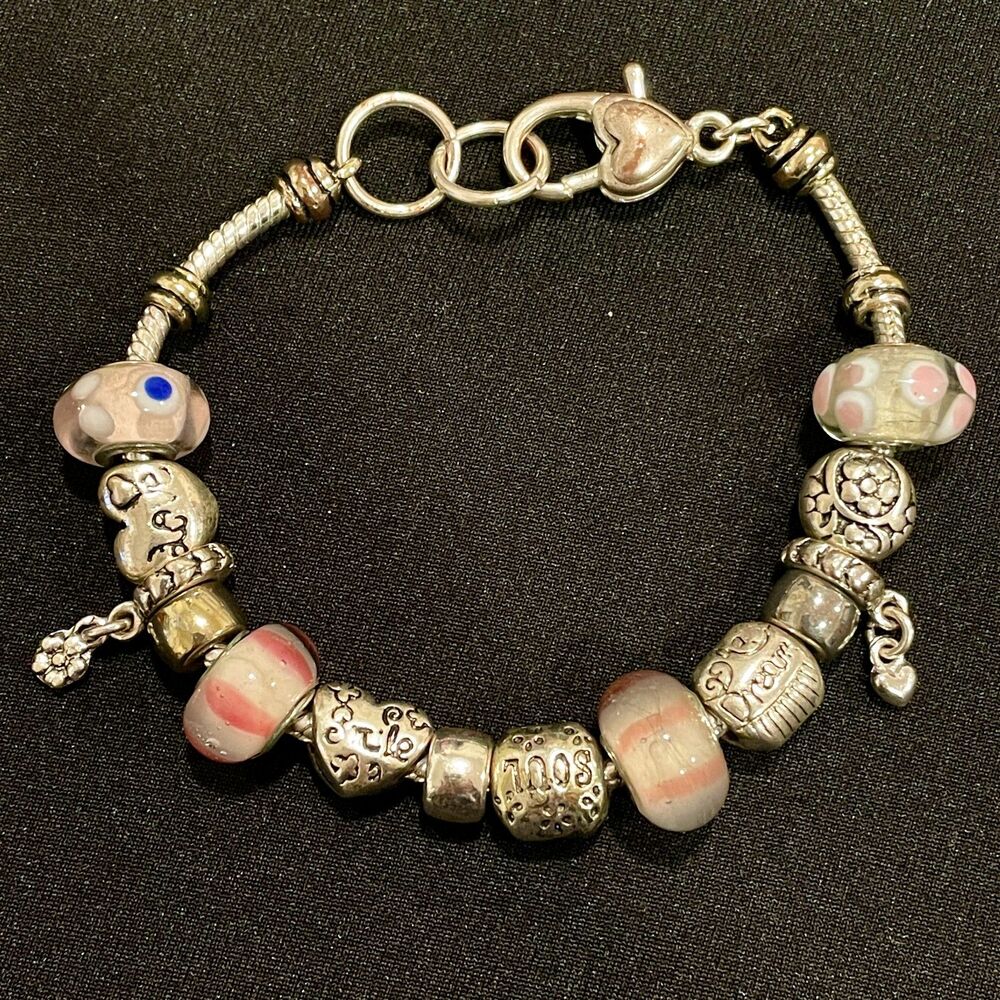 ~ Charm Bracelet Silver Metal Pink Beads Love Heart Smile Dream Soul Gift